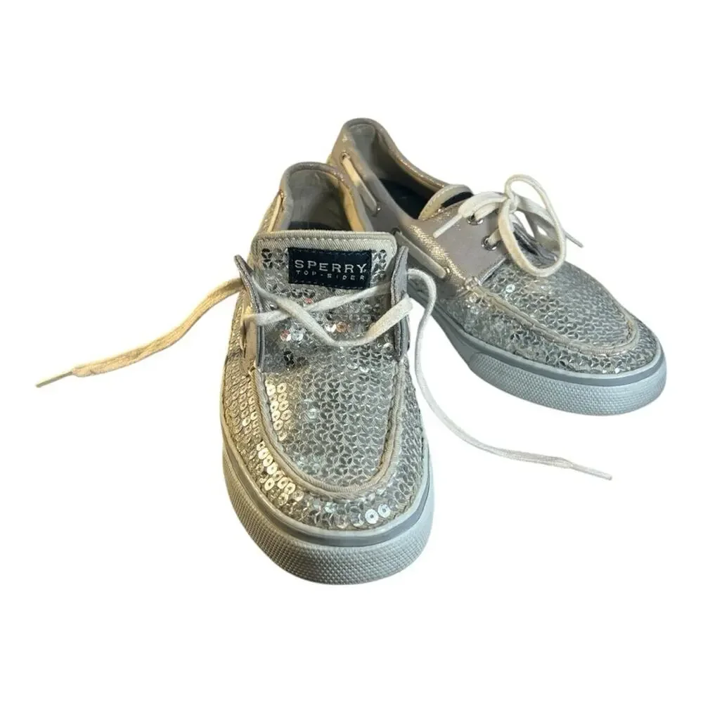 SPERRY TOP SIDERS Silver Sequin and Ivory or beige SZ 7.5